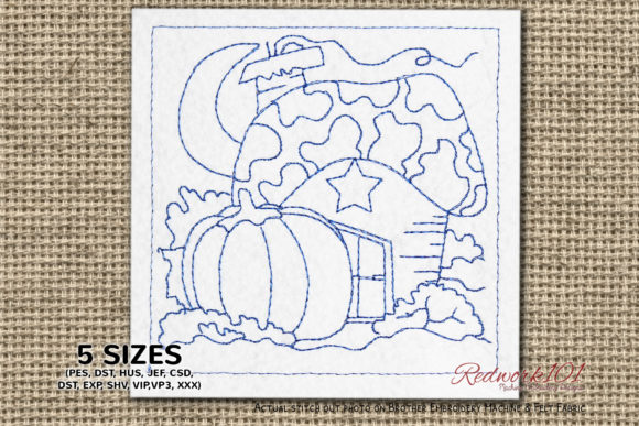 Reviewing the Fairy House with Pumpkin Redwork Embroidery Design